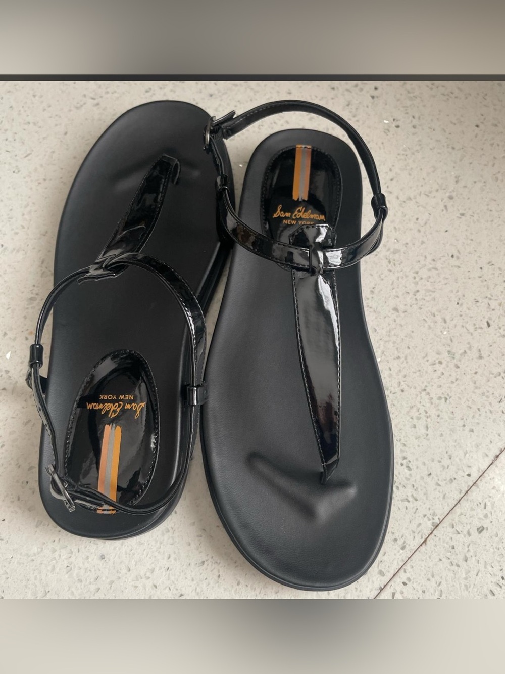 Sam Edelman Black Patent Thong Sandals with Ankle Strap